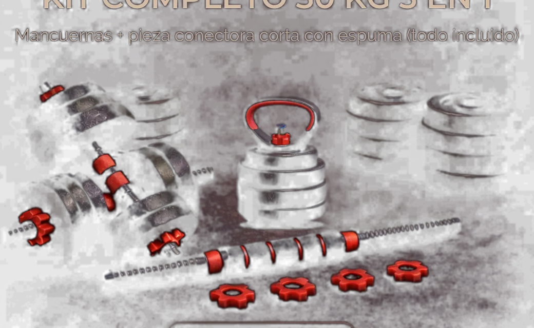 Kit completo de 30 kg con discos, mancuernas y barra conectora